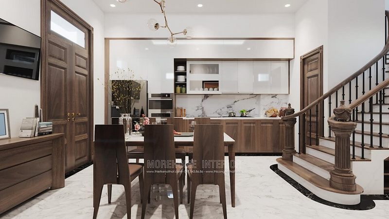 Nội thất phòng ăn với chất liệu gỗ tự nhiên cao cấp và kiểu dáng mới lạ sẽ giúp người ngồi cảm nhận được sự thoải mái nhất.